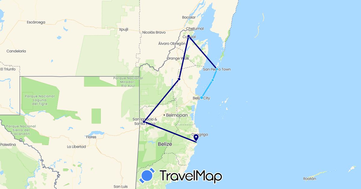 TravelMap itinerary: driving, plane, boat in Belize (North America)